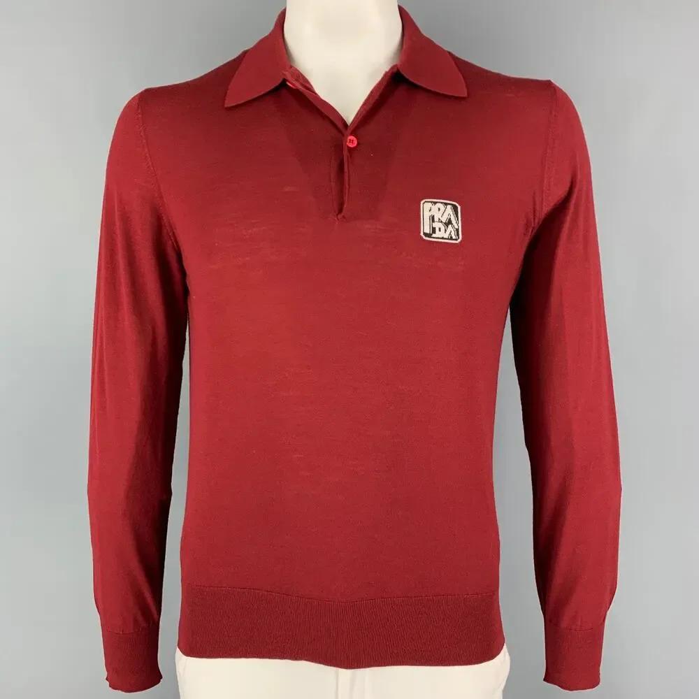 PRADA Size L Burgundy Knitted Wool Polo Pullover